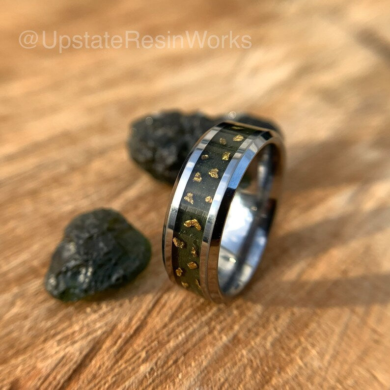Moldavite ring, Moldavite and gold nugget Moldavite band, tektit Resin Works LLC