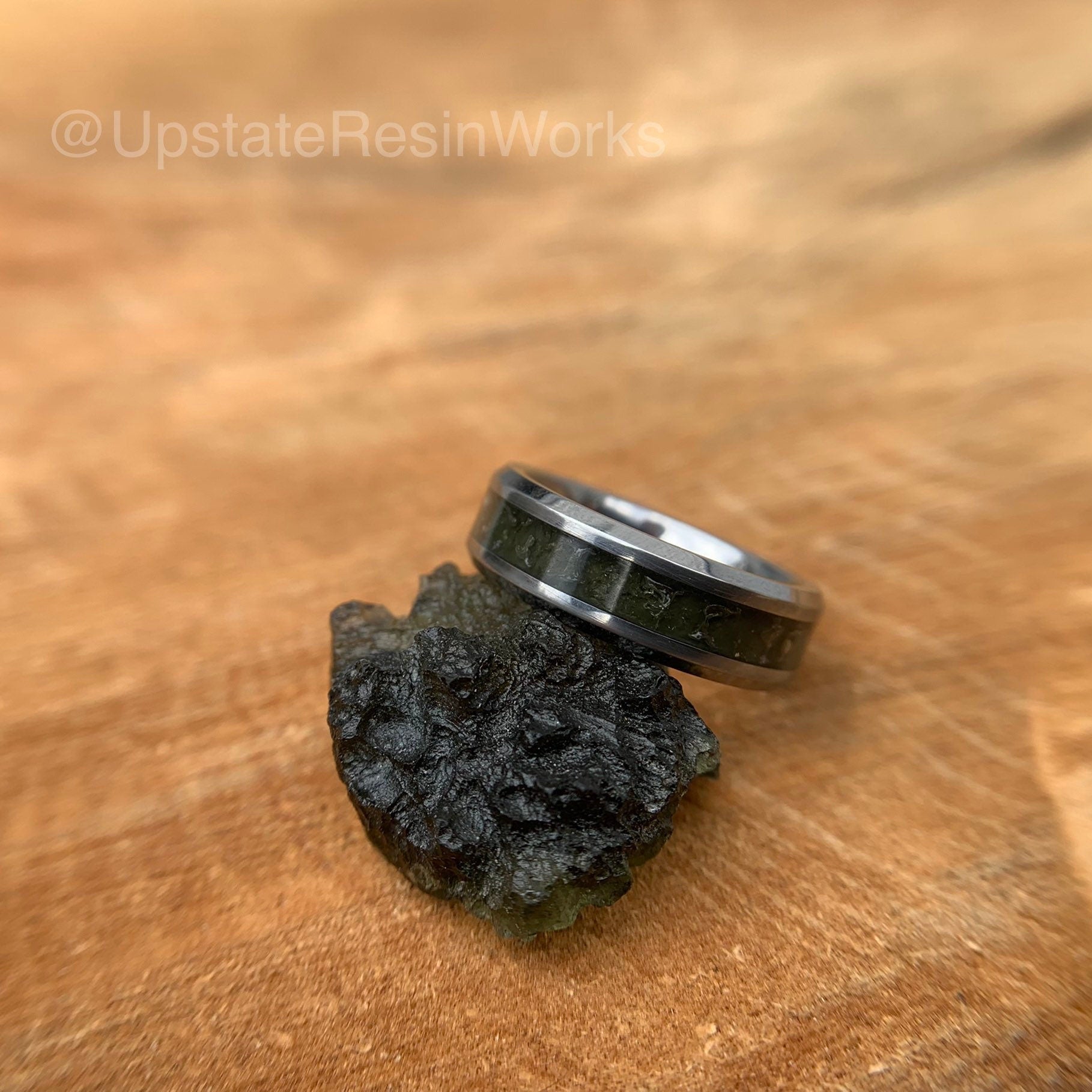 Genuine Moldavite ring, tektite ring, meteorite glass, Tungsten