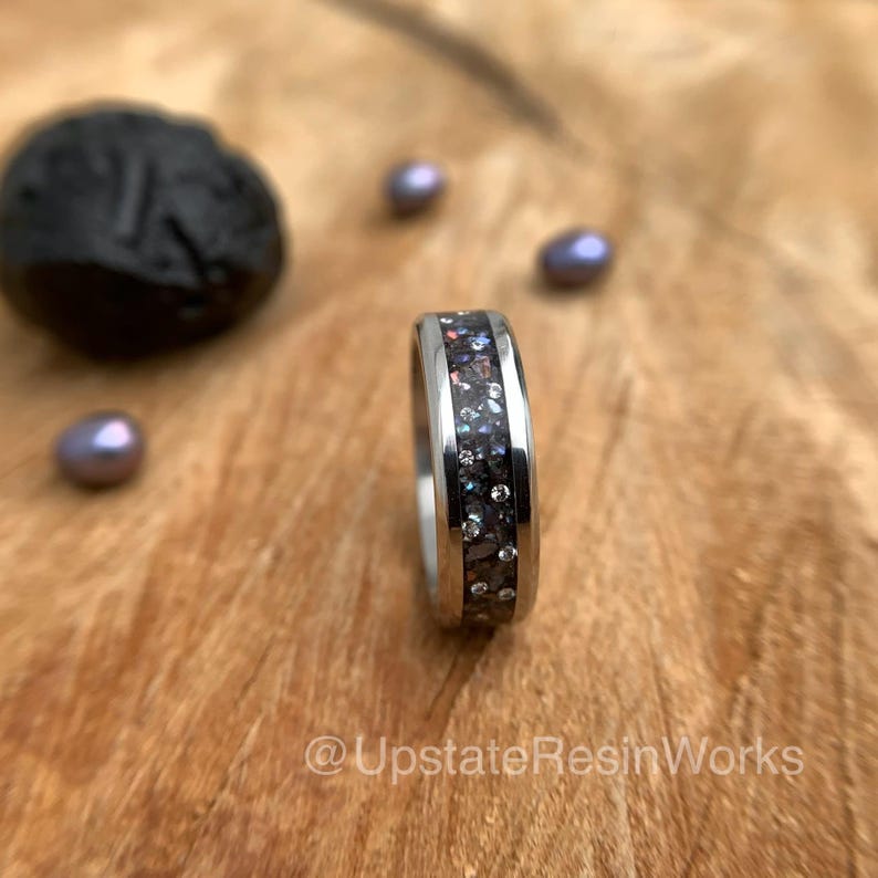 Real Black Pearl Band, Pearl and Moissanite Band, Peacock pearl Band, Black pearl ring, Birthstone ring, wedding band, engagement band,