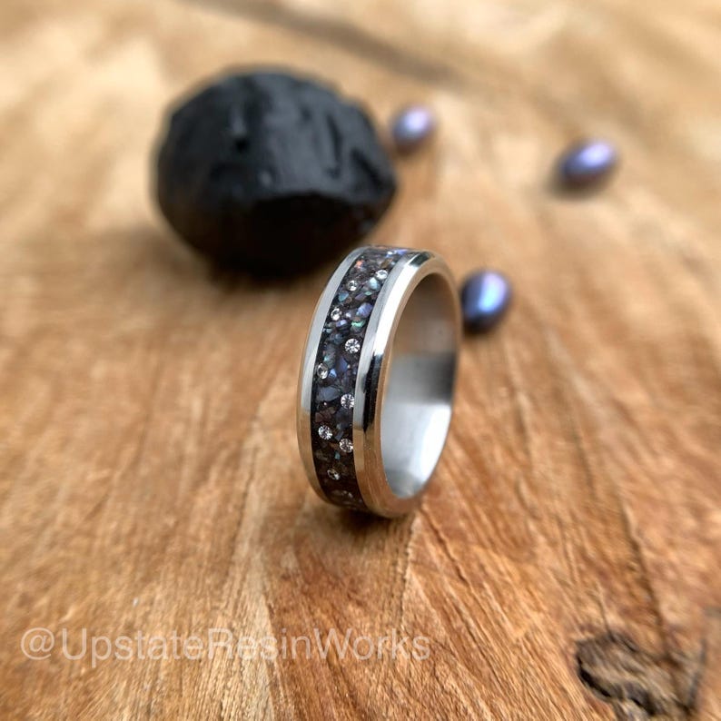Real Black Pearl Band, Pearl and Moissanite Band, Peacock pearl Band, Black pearl ring, Birthstone ring, wedding band, engagement band,