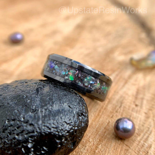 Genuine Black Pearl ring, Pearl and Opal Ring, Black pearl band, Peacock pearl ring, mens ring, womans ring, wedding ring, engagement ring