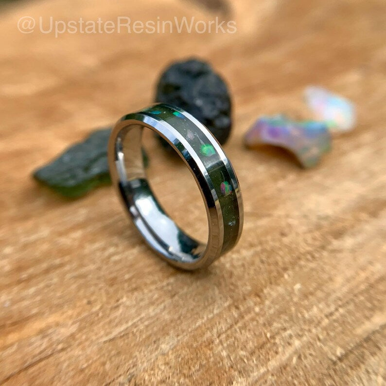 Real Moldavite ring, Opal and Moldavite ring, Tektite band, Birthstone ring, Gemstone ring, wedding band, engagement ring, promise band