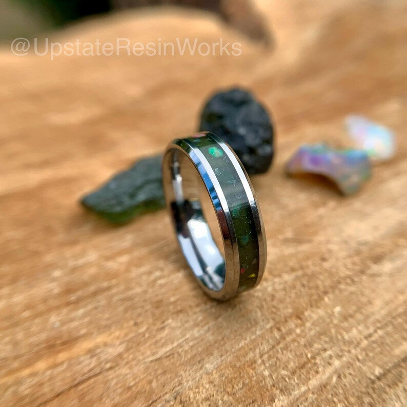 Real Moldavite ring, Opal and Moldavite ring, Tektite band, Birthstone ring, Gemstone ring, wedding band, engagement ring, promise band