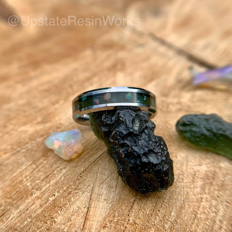 Real Moldavite ring, Opal and Moldavite ring, Tektite band, Birthstone ring, Gemstone ring, wedding band, engagement ring, promise band