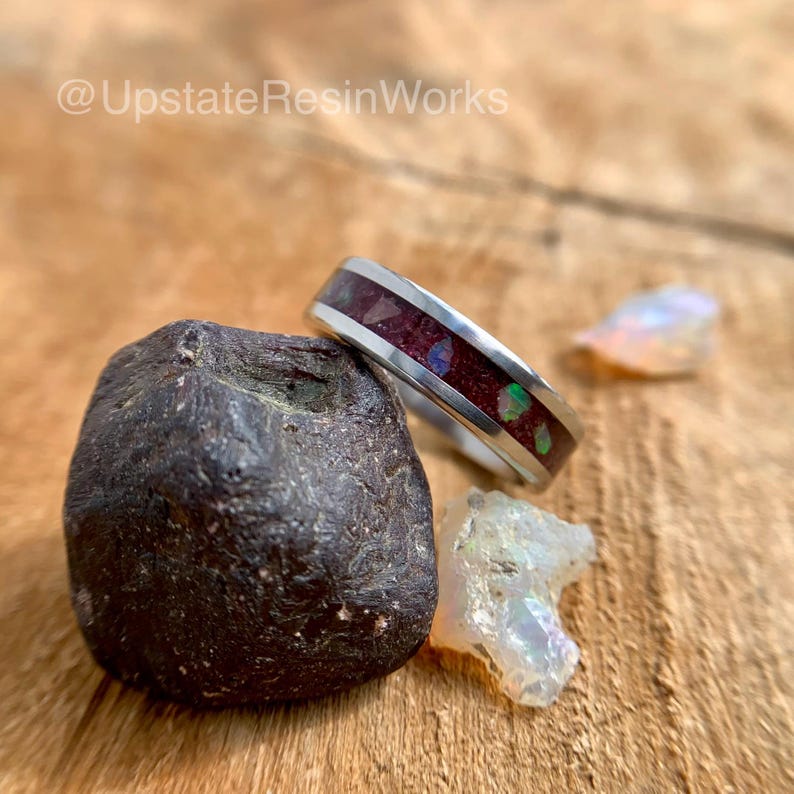 Genuine Garnet ring, Garnet and Opal ring, rhodolite garnet band, birthstone ring, mens ring, womans ring, wedding ring, engagement ring