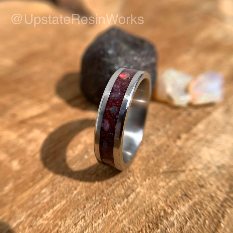 Genuine Garnet ring, Garnet and Opal ring, rhodolite garnet band, birthstone ring, mens ring, womans ring, wedding ring, engagement ring