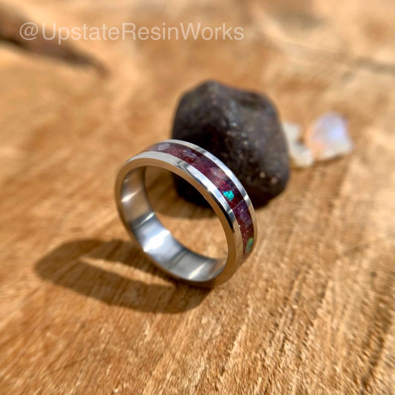 Genuine Garnet ring, Garnet and Opal ring, rhodolite garnet band, birthstone ring, mens ring, womans ring, wedding ring, engagement ring