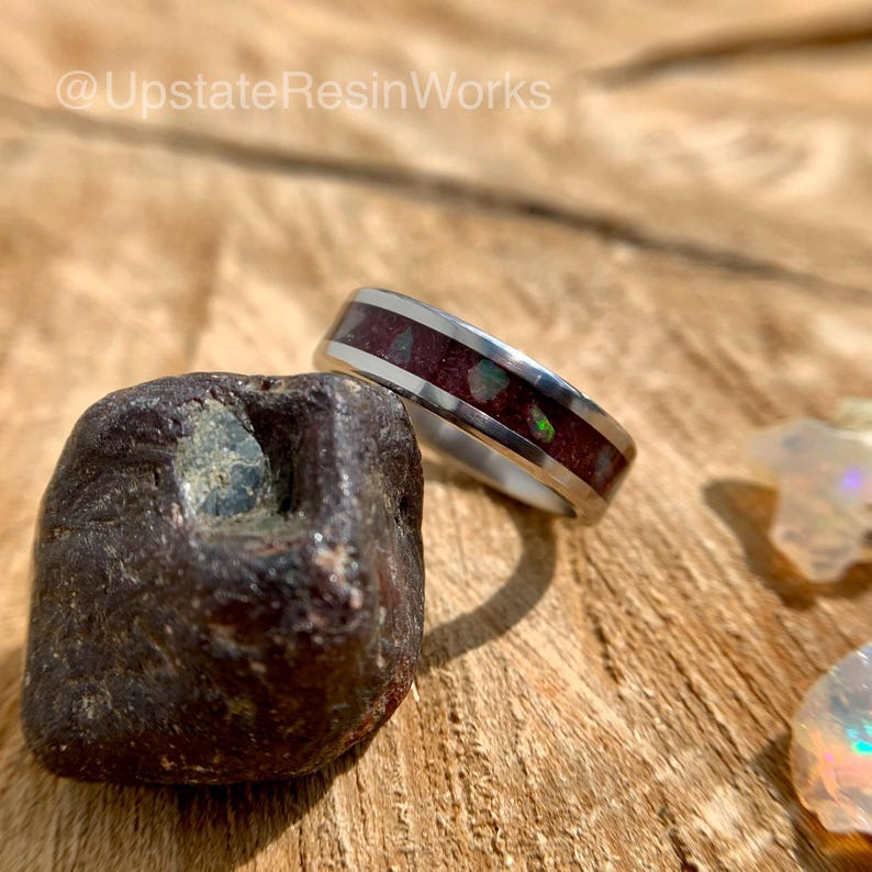 Genuine Garnet ring, Garnet and Opal ring, rhodolite garnet band, birthstone ring, mens ring, womans ring, wedding ring, engagement ring
