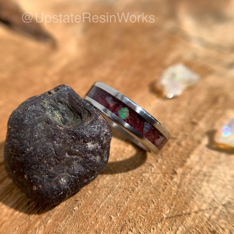 Genuine Garnet ring, Garnet and Opal ring, rhodolite garnet band, birthstone ring, mens ring, womans ring, wedding ring, engagement ring