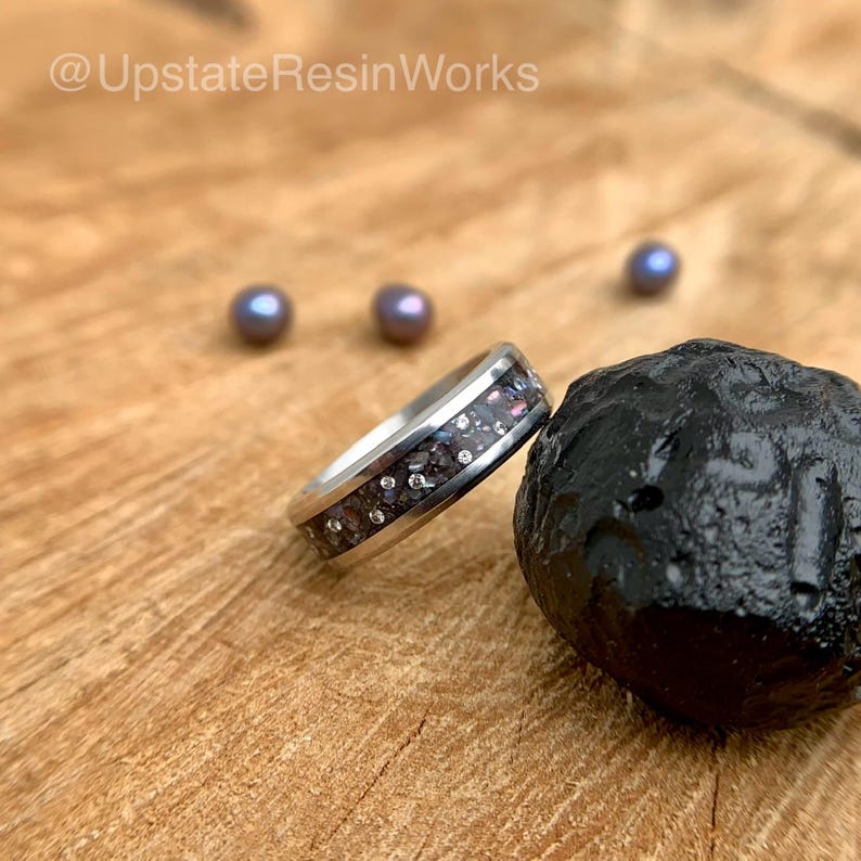 Real Black Pearl Band, Pearl and Moissanite Band, Peacock pearl Band, Black pearl ring, Birthstone ring, wedding band, engagement band,