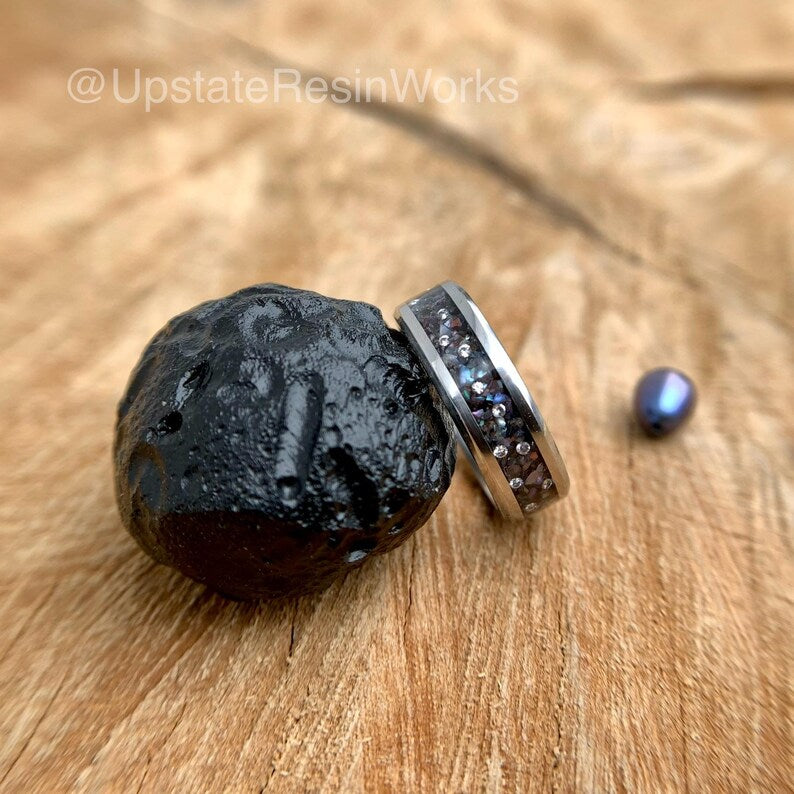 Real Black Pearl Band, Pearl and Moissanite Band, Peacock pearl Band, Black pearl ring, Birthstone ring, wedding band, engagement band,