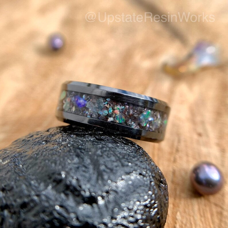 Genuine Black Pearl ring, Pearl and Opal Ring, Black pearl band, Peacock pearl ring, mens ring, womans ring, wedding ring, engagement ring