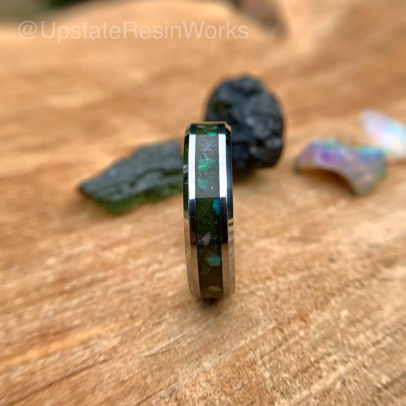 Real Moldavite ring, Opal and Moldavite ring, Tektite band, Birthstone ring, Gemstone ring, wedding band, engagement ring, promise band
