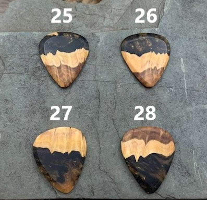 Handmade guitar pick, resin and wood burl, unique musician gift, wood anniversary gifts, color - black and gold handcrafted plectrum