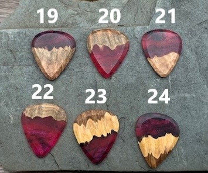 Handmade guitar pick, resin and wood burl, unique musician gift, wood anniversary gifts, color - magenta and black handcrafted plectrum