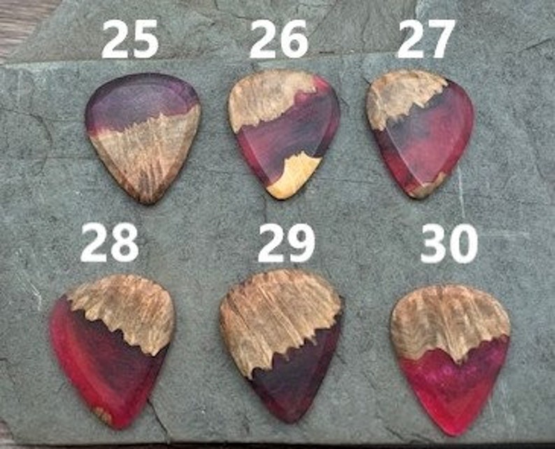 Handmade guitar pick, resin and wood burl, unique musician gift, wood anniversary gifts, color - magenta and black handcrafted plectrum