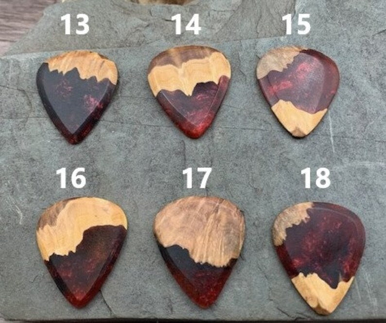 Handmade guitar pick, resin and wood burl, unique musician gift, wood anniversary gifts, color - black and red handcrafted plectrum