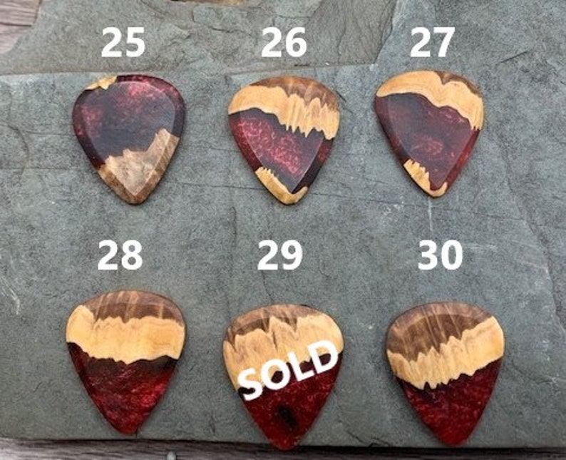 Handmade guitar pick, resin and wood burl, unique musician gift, wood anniversary gifts, color - black and red handcrafted plectrum