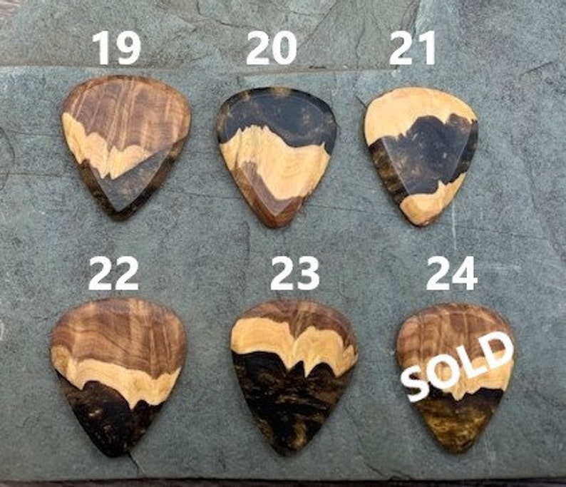 Handmade guitar pick, resin and wood burl, unique musician gift, wood anniversary gifts, color - black and gold handcrafted plectrum