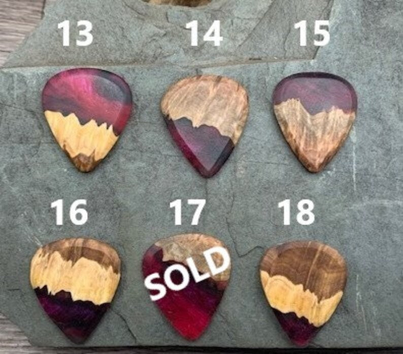 Handmade guitar pick, resin and wood burl, unique musician gift, wood anniversary gifts, color - magenta and black handcrafted plectrum