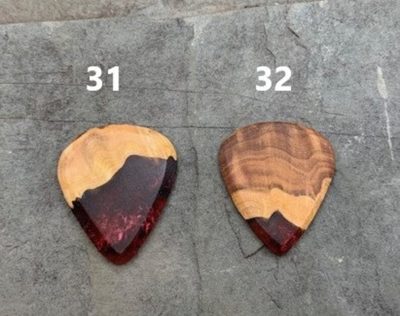 Handmade guitar pick, resin and wood burl, unique musician gift, wood anniversary gifts, color - black and red handcrafted plectrum