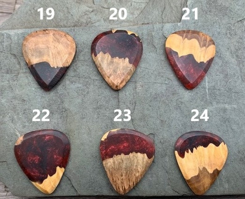 Handmade guitar pick, resin and wood burl, unique musician gift, wood anniversary gifts, color - black and red handcrafted plectrum