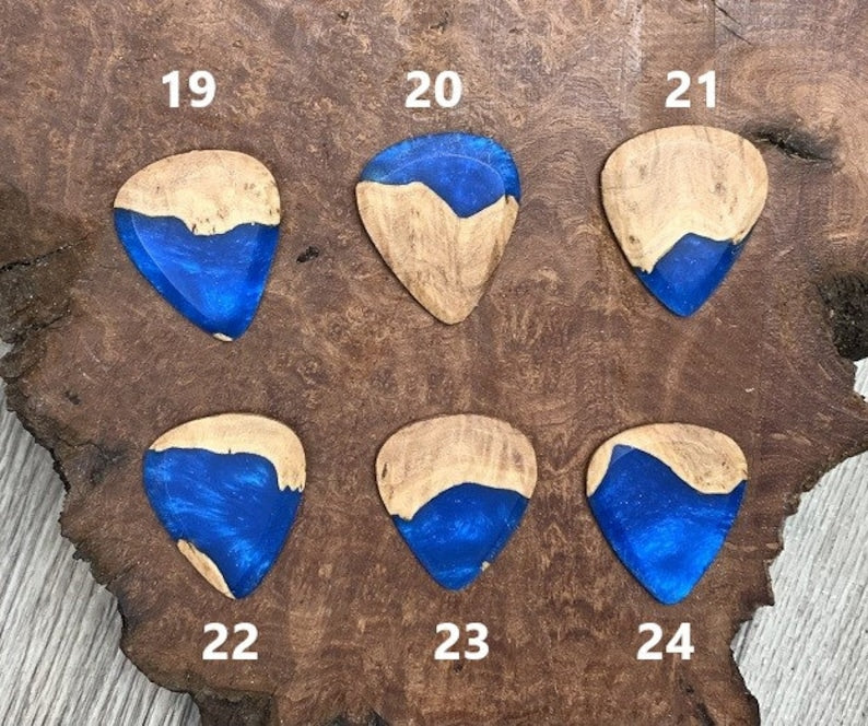 Handmade guitar pick, resin and wood burl, unique musician gift, wood anniversary gifts, color - sapphire blue handcrafted plectrum