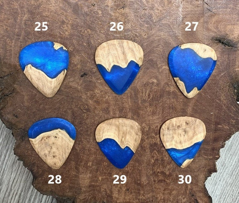 Handmade guitar pick, resin and wood burl, unique musician gift, wood anniversary gifts, color - sapphire blue handcrafted plectrum