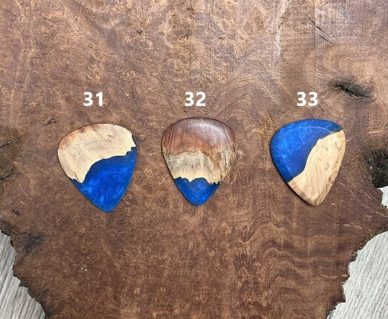 Handmade guitar pick, resin and wood burl, unique musician gift, wood anniversary gifts, color - sapphire blue handcrafted plectrum