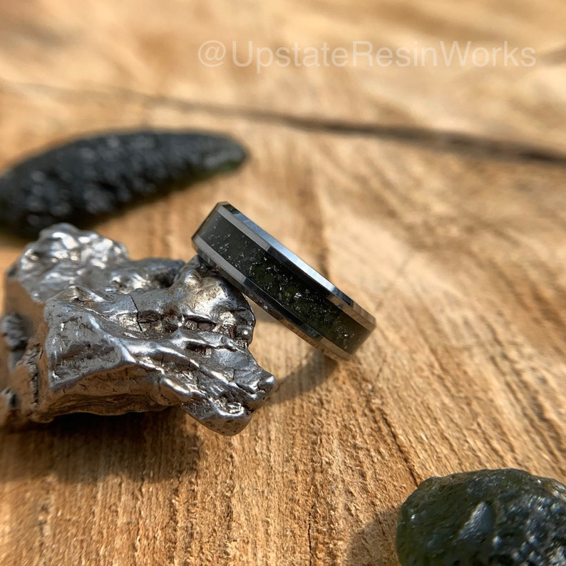 Genuine Moldavite ring, Meteorite dust ring, moldavite band, tektite ring, mens ring, womans ring, moldavite wedding ring, engagement ring