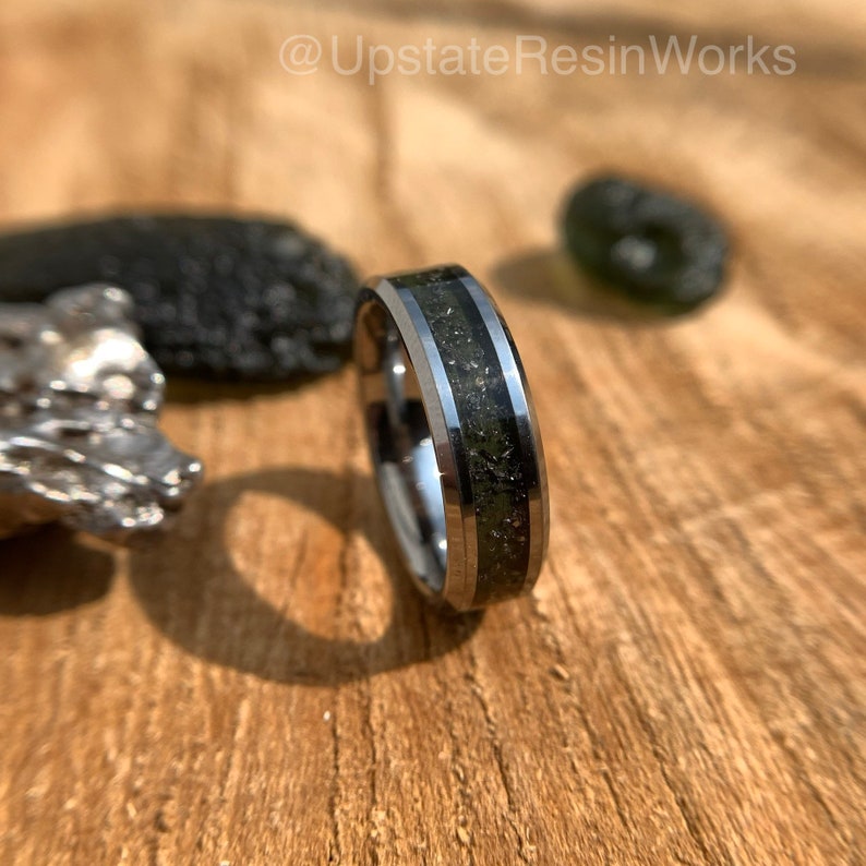 Genuine Moldavite ring, Meteorite dust ring, moldavite band, tektite ring, mens ring, womans ring, moldavite wedding ring, engagement ring