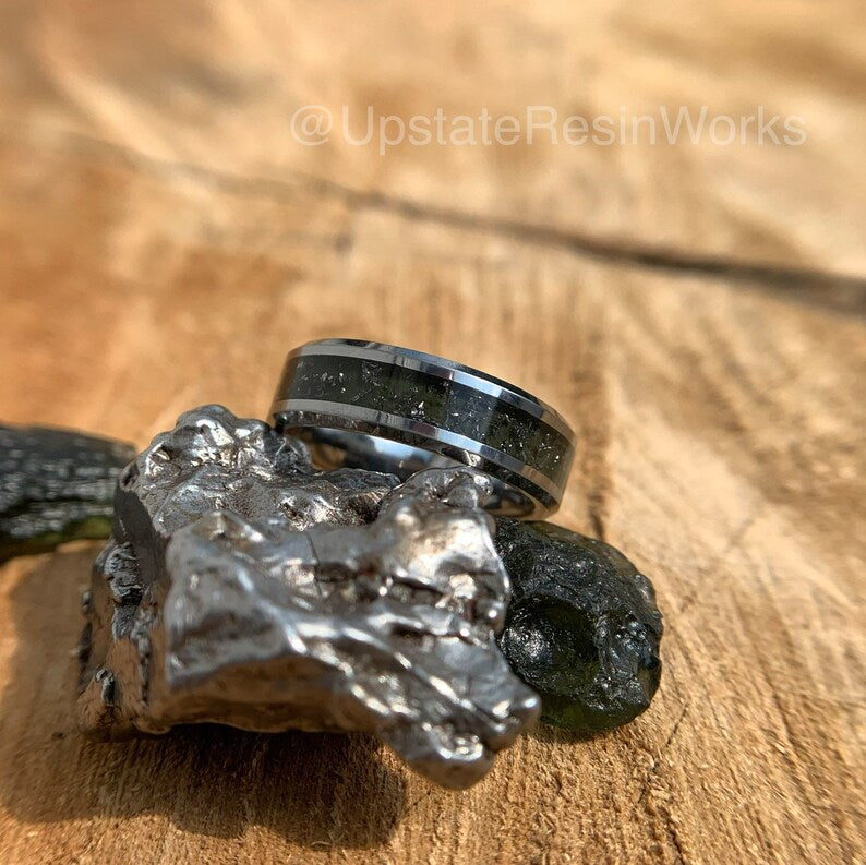 Genuine Moldavite ring, Meteorite dust ring, moldavite band, tektite ring, mens ring, womans ring, moldavite wedding ring, engagement ring