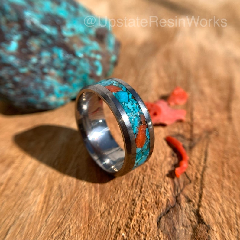 Turquoise and coral ring, Bisbee turquoise band, Red Coral and Blue Turquoise ring, mens ring, womans ring, wedding ring, engagement ring, vow renewal ring, promise ring