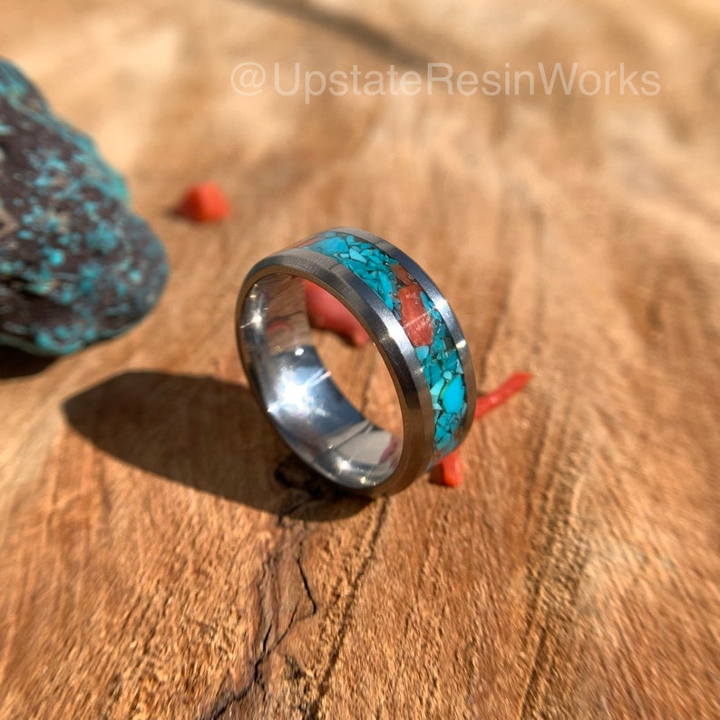 Turquoise and coral ring, Bisbee turquoise band, Red Coral and Blue Turquoise ring, mens ring, womans ring, wedding ring, engagement ring, vow renewal ring, promise ring