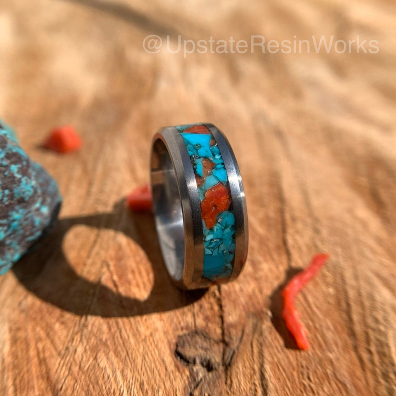 Turquoise and coral ring, Bisbee turquoise band, Red Coral and Blue Turquoise ring, mens ring, womans ring, wedding ring, engagement ring, vow renewal ring, promise ring