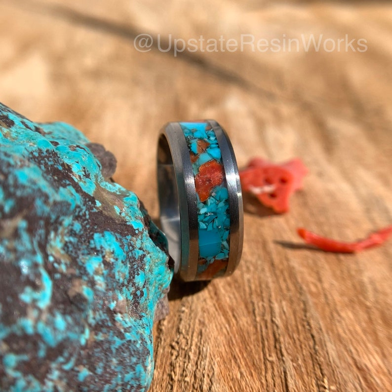 Turquoise and coral ring, Bisbee turquoise band, Red Coral and Blue Turquoise ring, mens ring, womans ring, wedding ring, engagement ring, vow renewal ring, promise ring