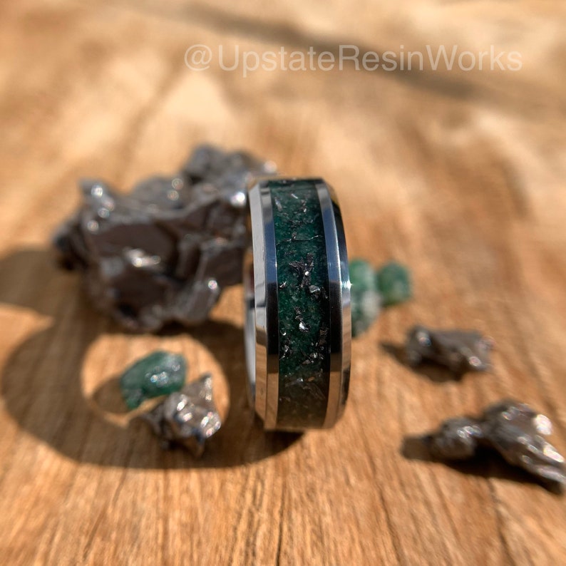 Genuine Emerald ring, Meteorite Dust ring, crystal, gemstone ring,  wedding ring, promise ring, Anniversary ring, engagement ring, 6mm, 8mm