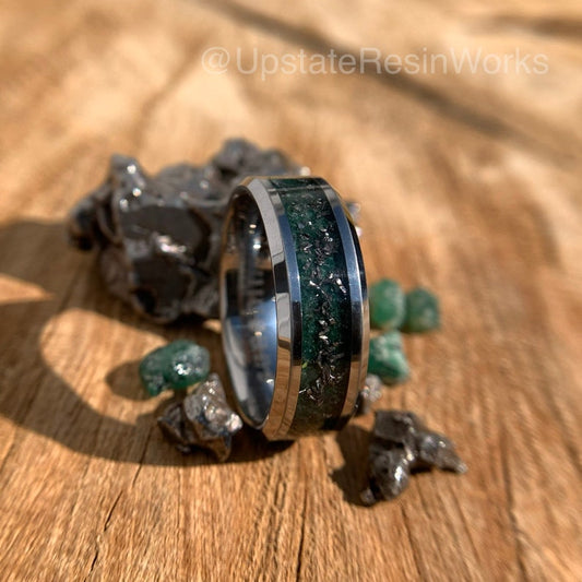 Genuine Emerald ring, Meteorite Dust ring, crystal, gemstone ring,  wedding ring, promise ring, Anniversary ring, engagement ring, 6mm, 8mm
