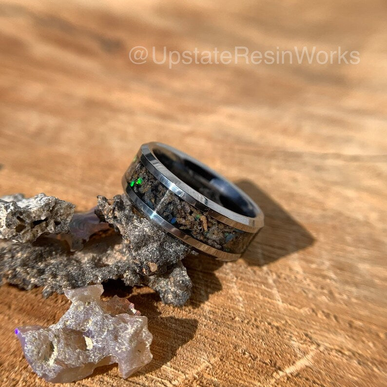 Lightning Glass band, Chunks of Fulgurite band, opal ring, fossilized lightning band, wedding band, engagement band, anniversary band