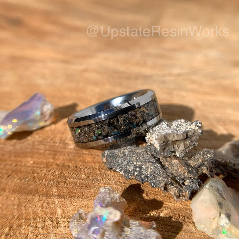 Lightning Glass band, Chunks of Fulgurite band, opal ring, fossilized lightning band, wedding band, engagement band, anniversary band