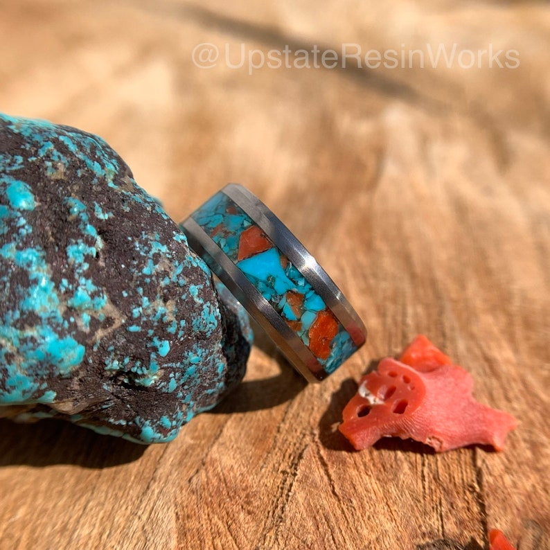 Turquoise and coral ring, Bisbee turquoise band, Red Coral and Blue Turquoise ring, mens ring, womans ring, wedding ring, engagement ring, vow renewal ring, promise ring