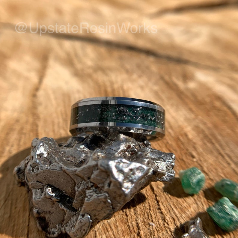 Genuine Emerald ring, Meteorite Dust ring, crystal, gemstone ring,  wedding ring, promise ring, Anniversary ring, engagement ring, 6mm, 8mm