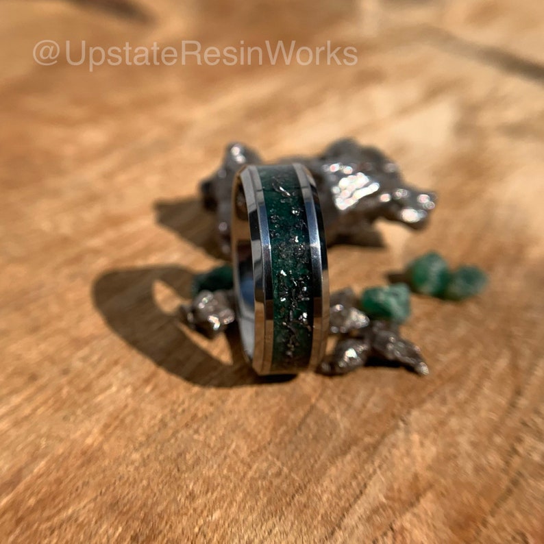 Genuine Emerald ring, Meteorite Dust ring, crystal, gemstone ring,  wedding ring, promise ring, Anniversary ring, engagement ring, 6mm, 8mm