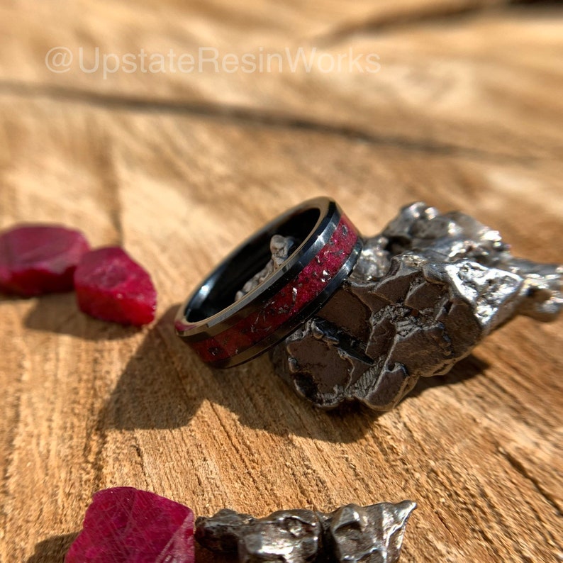 Genuine Ruby ring, Meteorite dust, crystal, Ruby band, wedding ring, promise ring, Anniversary ring, for him, for her, engagement ring