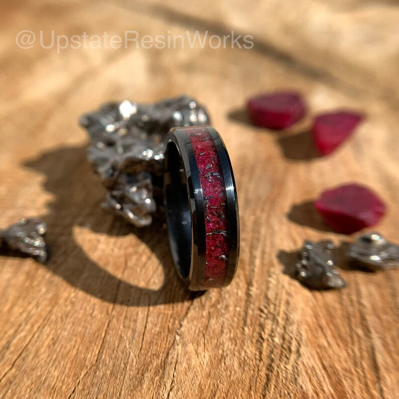 Genuine Ruby ring, Meteorite dust, crystal, Ruby band, wedding ring, promise ring, Anniversary ring, for him, for her, engagement ring