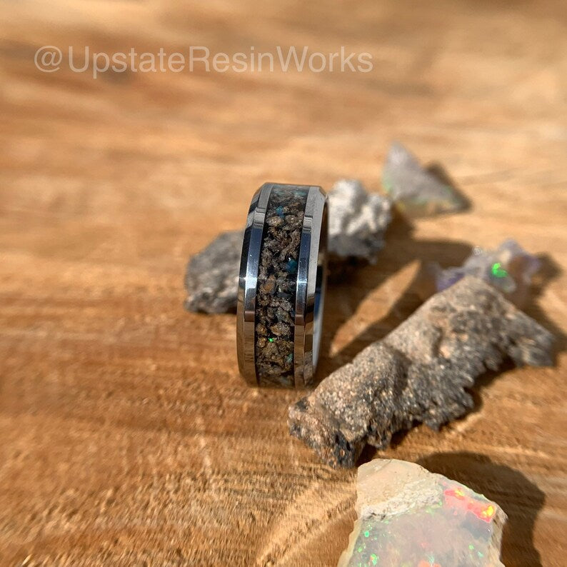 Lightning Glass band, Chunks of Fulgurite band, opal ring, fossilized lightning band, wedding band, engagement band, anniversary band