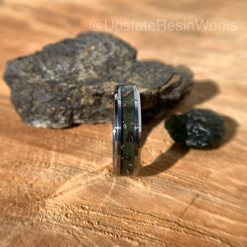 Moldavite ring, diamond T-Rex, moldavite band, Tektite ring, Tyrannosaurus ring, Fossil ring, renewal, wedding ring, engagement ring