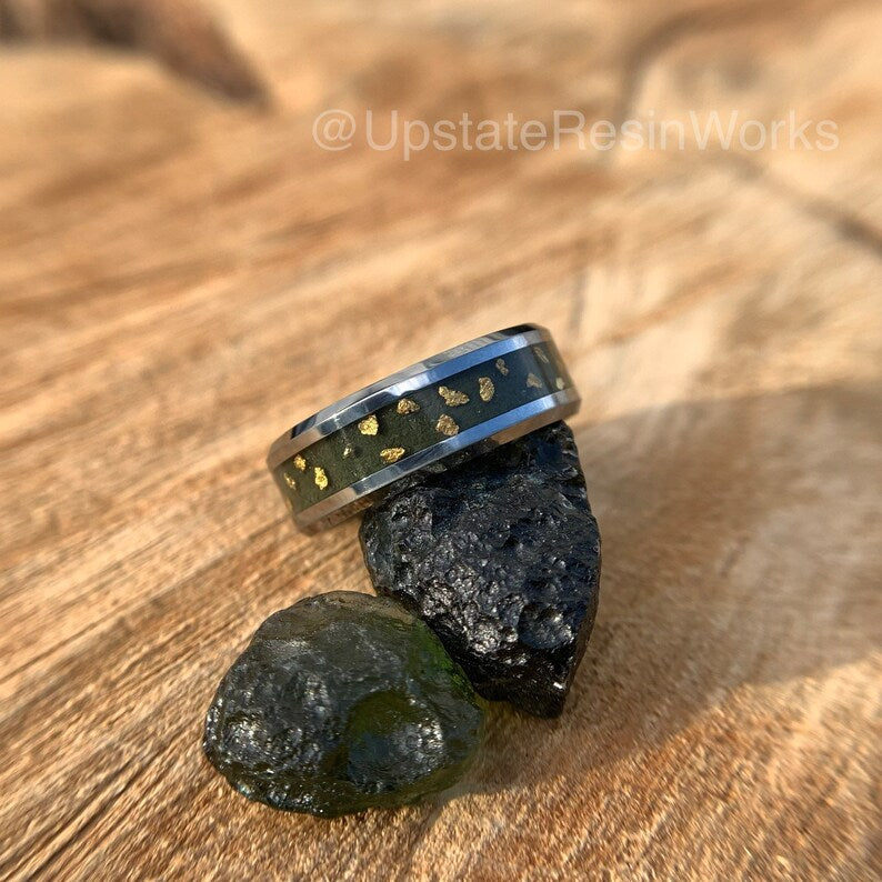 Moldavite ring, Moldavite and gold nugget ring, Moldavite band, tektite ring, rings, mens ring, womans ring, wedding ring, engagement ring