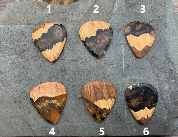 Handmade guitar pick, resin and wood burl, unique musician gift, wood anniversary gifts, color - black and gold handcrafted plectrum