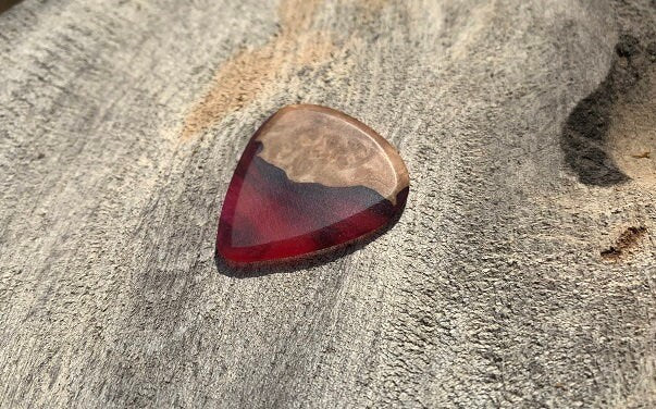 Handmade guitar pick, resin and wood burl, unique musician gift, wood anniversary gifts, color - magenta and black handcrafted plectrum